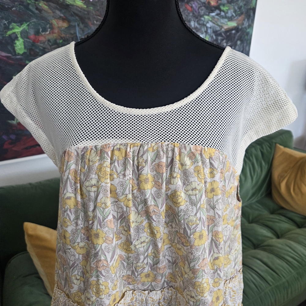 Umgee Boho Peasant Yellow Floral Print + Cream Tiered Top, Tie Back Neck - Small - Picture 2 of 9